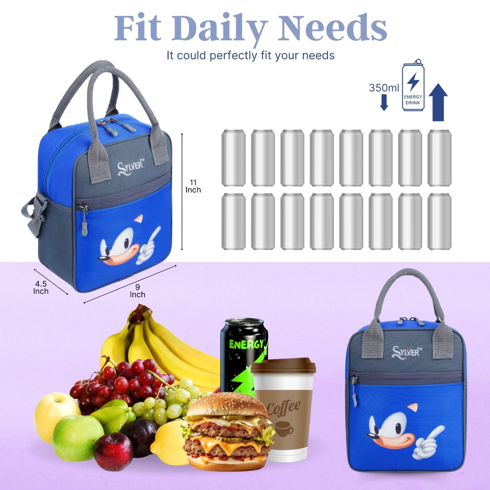 Sylver Blue Sonic Burst Lunch Bag Multi Angle item Fit 