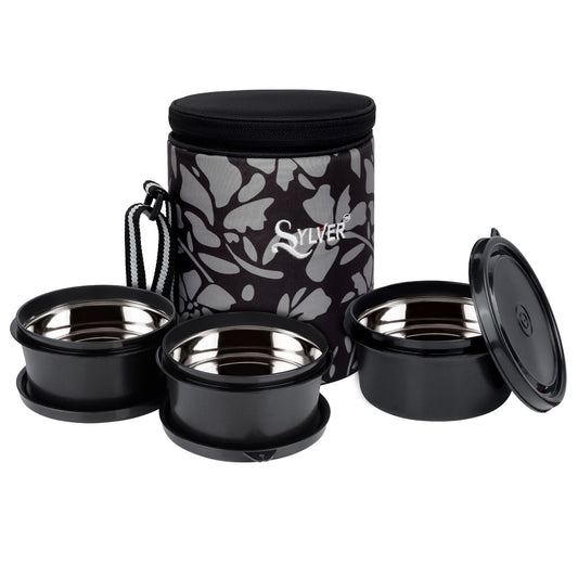 Sylver Floral Fiesta Grey insulated Set Of 3 Vertical Lunch box